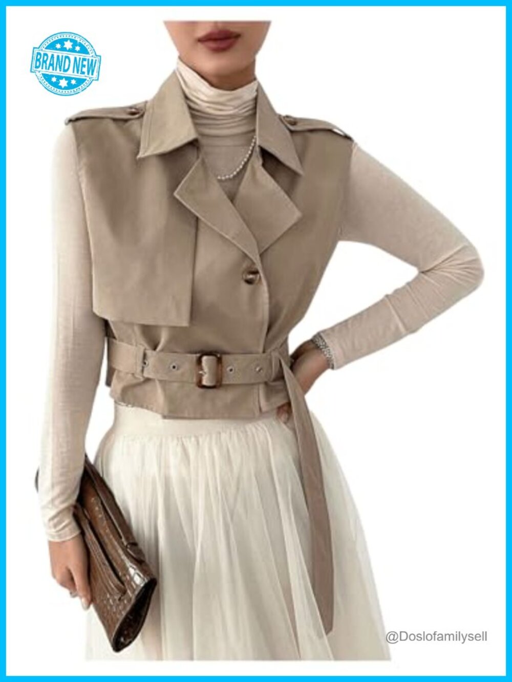 Sleeveless Cropped Trench Coat Belted Lapel Collar Vest